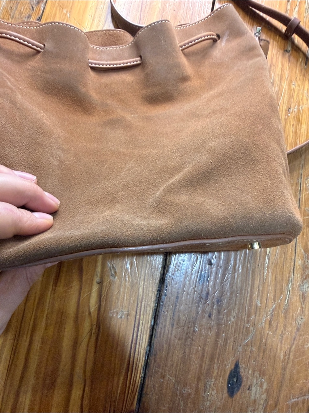 J. McLaughli Suede Leather Drawstring Hobo Bucket Brown Crossbody Bag Purse - Picture 8 of 13